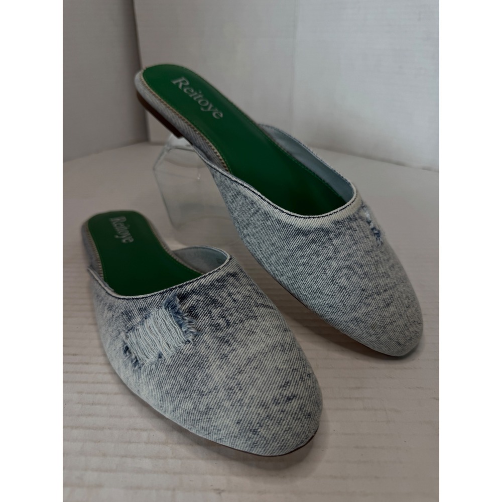 Reitoye Denim Flat Mules Women 9 Blue Distressed Acid Wash Slip On Slides